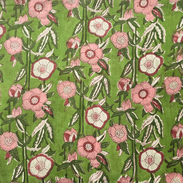 Pure Cotton Jaipuri Green With Pink Flower Creeper Hand Block Print Fabric