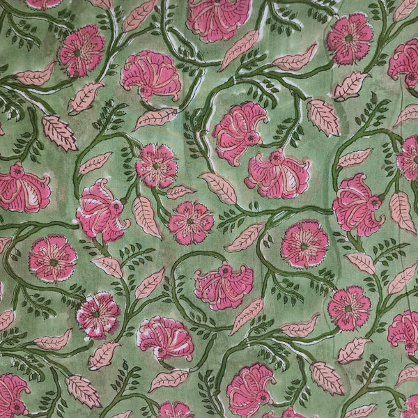 Pure Cotton Jaipuri Green With Pink Flower Jaal Hand Block Print Fabric