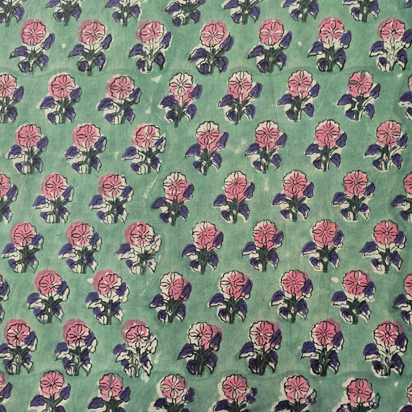 Pure Cotton Jaipuri Green With Pink Flower Motif Hand Block Print Fabric