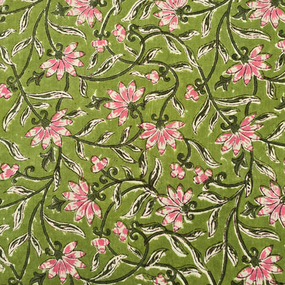 Pure Cotton Jaipuri Green With Pink Hollyhock Jaal Hand Block Print Fabric
