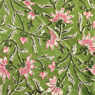 Pure Cotton Jaipuri Green With Pink Hollyhock Jaal Hand Block Print Fabric
