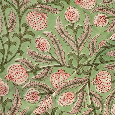 Pure Cotton Jaipuri Green With Pink Onion Jaal Hand Block Print Fabric