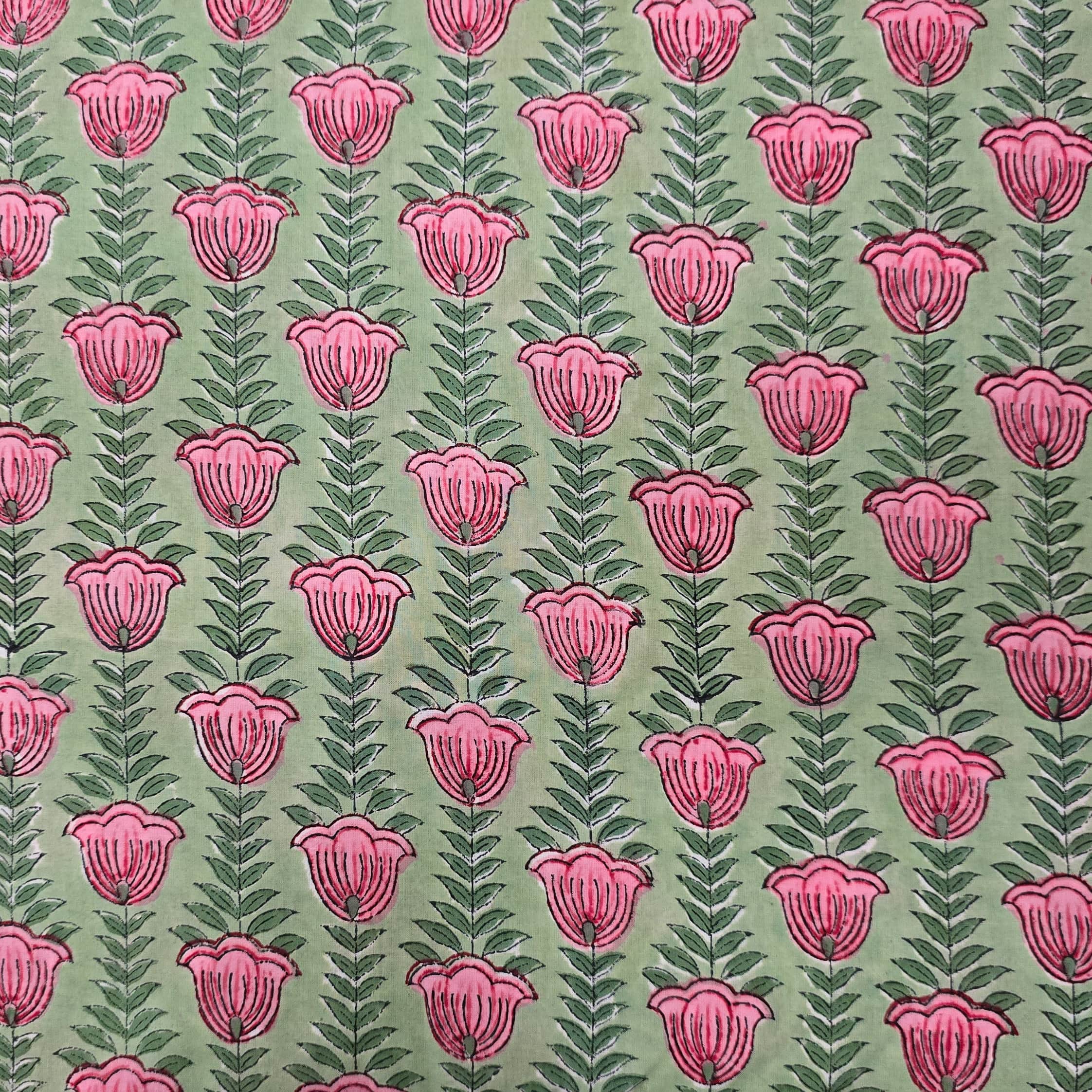 Pure Cotton Jaipuri Green With Pink Rose Flower Creeper Hand Block Pri ...