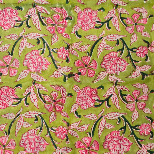 Pure Cotton Jaipuri Green With Pink Rose Flower Jaal Hand Block Print Fabric