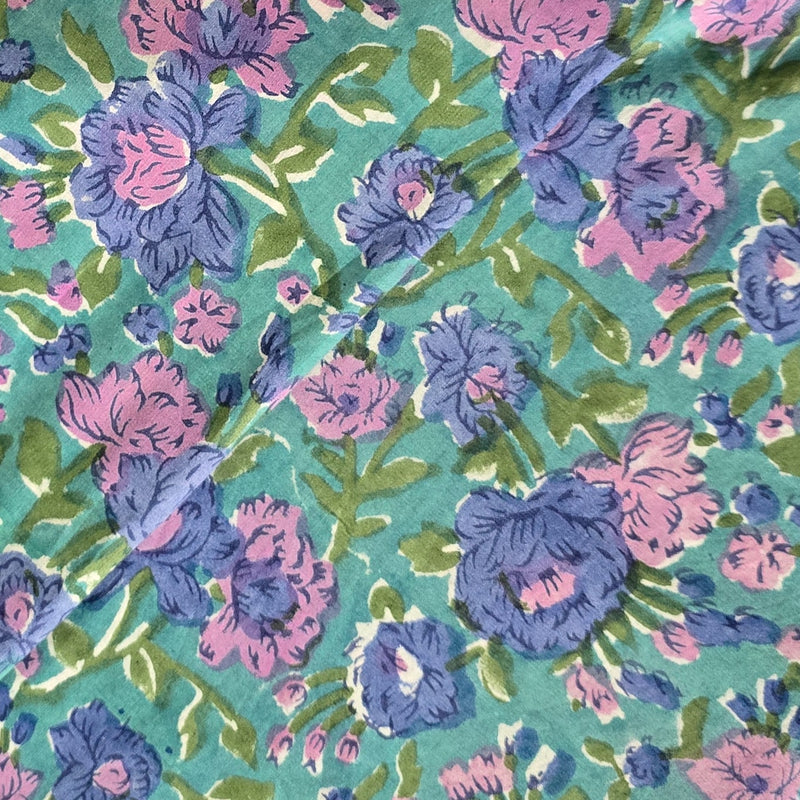 Pure Cotton Jaipuri Green With Purple And Blue Flower Jaal Hand Block Print Fabric