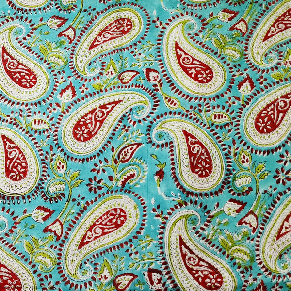 (PRE-CUT 1.45 METER) Pure Cotton Jaipuri Green With Red And Cream Kairi Flower Jaal Hand Block Print Fabric