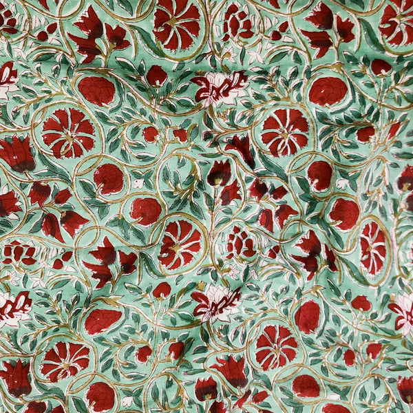 ( Pre-Cut 1 Meter ) Pure Cotton Jaipuri Green With Red Flower Jaal Hand Block Print Fabric