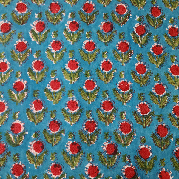 Pure Cotton Jaipuri Green With Red Fruit Flower Motif Hand Block Print Fabric