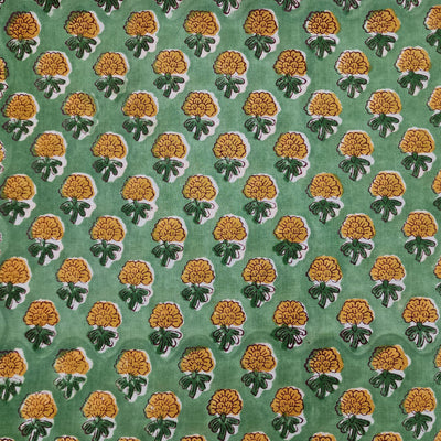 ( Pre-Cut 0.80 Meter ) Pure Cotton Jaipuri Green With Small Yellow Marrigold Motifs Hand Block Print Fabric