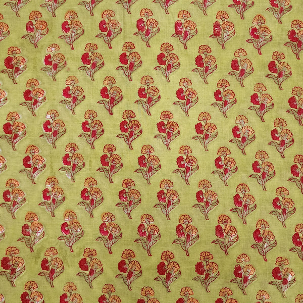 (Pre-Cut 0.90 Meter) Pure Cotton Jaipuri Green With Three Flower Tiny Plant Hand Block Print Fabric