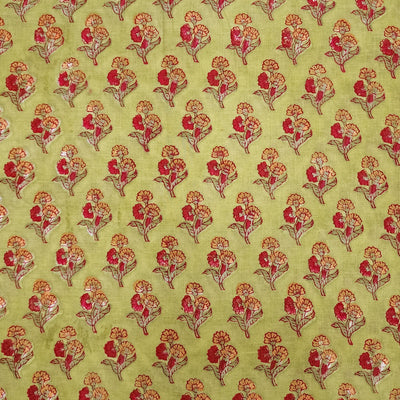 (Pre-Cut 0.90 Meter) Pure Cotton Jaipuri Green With Three Flower Tiny Plant Hand Block Print Fabric