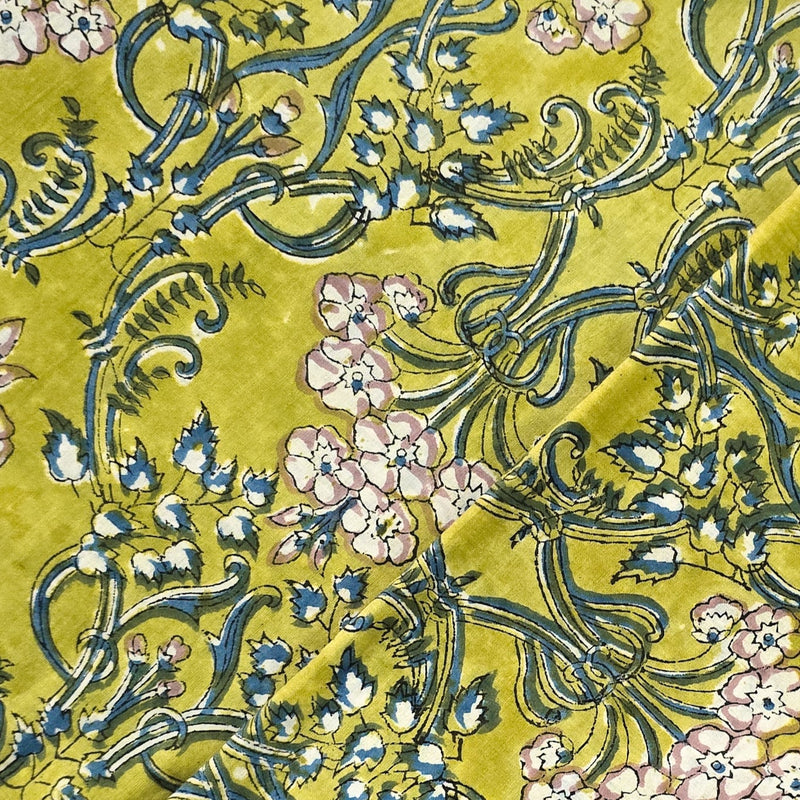 Pure Cotton Jaipuri Green With White And Blue Jaal Hand Block Print Fabric