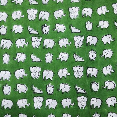 ( Pre-Cut 1.45 Meter ) Pure Cotton Jaipuri Green With White Elephant Hand Block Print Fabric