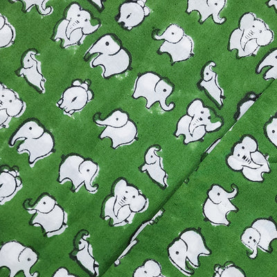 ( Pre-Cut 1.45 Meter ) Pure Cotton Jaipuri Green With White Elephant Hand Block Print Fabric