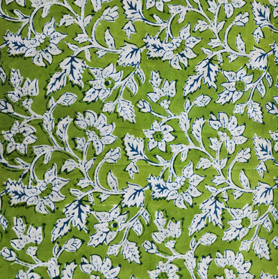 ( Blouse Piece 0.90 Meter) Pure Cotton Jaipuri Green With White Flower Bale Hand Block Print Fabric