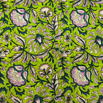 Pure Cotton Jaipuri Green With White Flower Jungle Jaal Hand Block Print Fabric