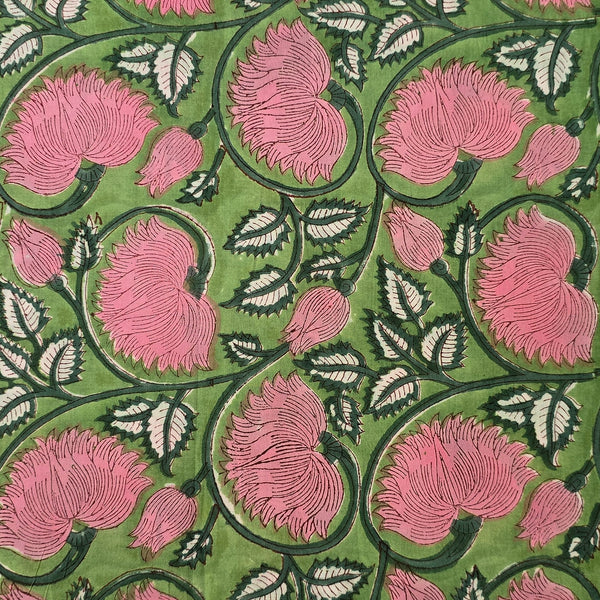 Pure Cotton Jaipuri Green With Wild Lotus Jaal Hand Block Print Fabric