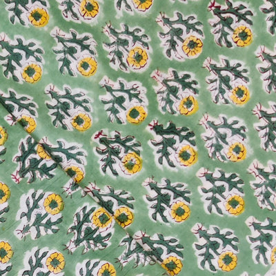 ( Pre-Cut 1.40 Meter ) Pure Cotton Jaipuri Green With Yellow Flower Bud Hand Block Print Fabric