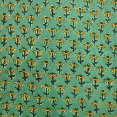 Pure Cotton Jaipuri Green With Yellow Flower Motif Hand Block Print Fabric