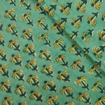 Pure Cotton Jaipuri Green With Yellow Flower Motif Hand Block Print Fabric