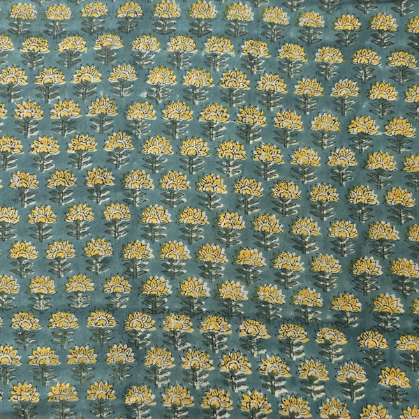 Pure Cotton Jaipuri Green With Yellow Tiny Flower Motif Hand Block Print Fabric