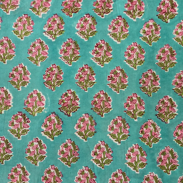 Pure Cotton Jaipuri Greenish Blue With Pink Flower Plant Hand Block Print Fabric