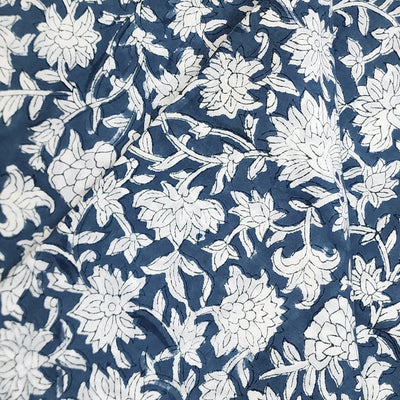 ( Pre-Cut 1.30 Meter ) Pure Cotton Jaipuri Grey Blue With White Wild Flower Hand Block Print Fabric