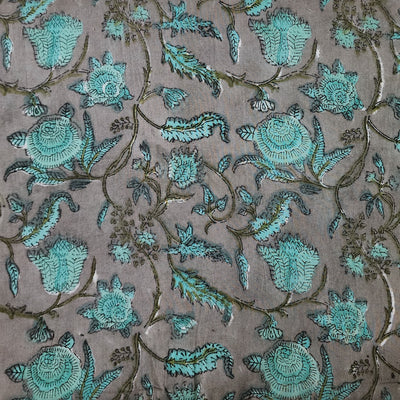( Pre-Cut 1.50 Meter )Pure Cotton Jaipuri Grey With Blue Flower Jaal Hand Block Print Fabric