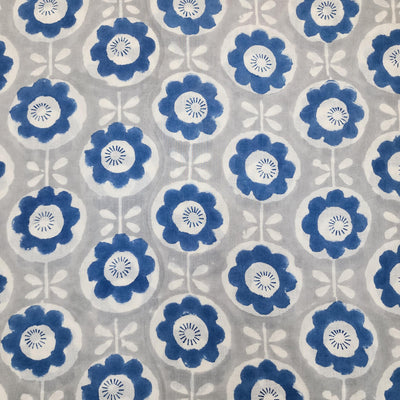 Pure Cotton Jaipuri Grey With Blue Sun Flower Creeper Hand Block Print Fabric