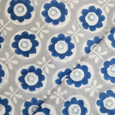 Pure Cotton Jaipuri Grey With Blue Sun Flower Creeper Hand Block Print Fabric