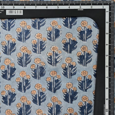 Pure Cotton Jaipuri Grey With Flower Motif Hand Block Print Fabric