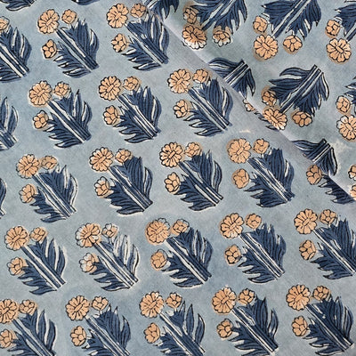Pure Cotton Jaipuri Grey With Flower Motif Hand Block Print Fabric