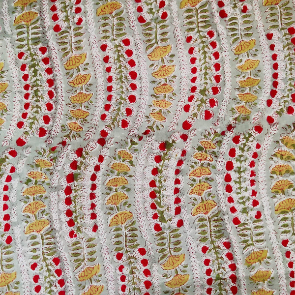 ( Pre-Cut 1.25 Meter ) Pure Cotton Jaipuri Grey With Green And Red Flower Creeper Hand Block Print Fabric