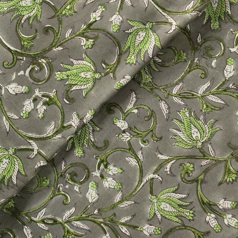 Pure Cotton Jaipuri Grey With Green Jaal Hand Block Print Fabric