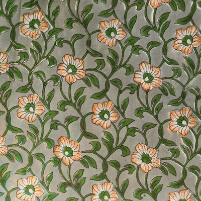 Pure Cotton Jaipuri Grey With Orange Flower Jaal Hand Block Print Fabric