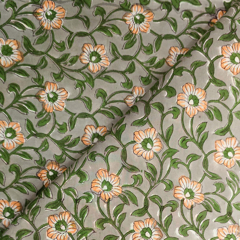 Pure Cotton Jaipuri Grey With Orange Flower Jaal Hand Block Print Fabric