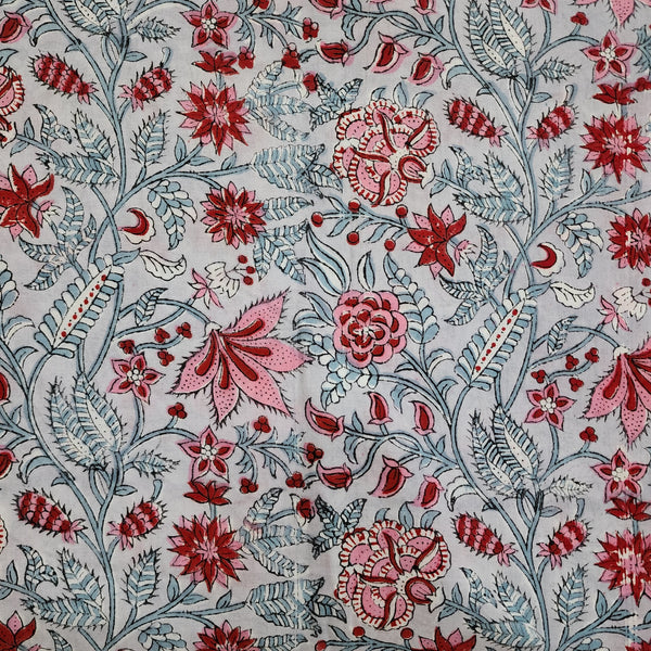 Pre-cut 1 meter Pure Cotton Jaipuri Grey With Pink And Red Floral Jaal Hand Block Print Fabric