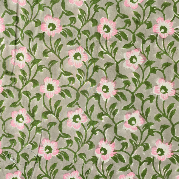Pure Cotton Jaipuri Grey With Pink Flower Jaal Hand Block Print Fabric