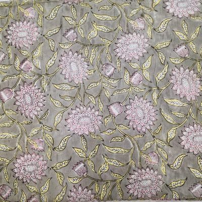 ( Pre-Cut 1.20 Meter ) Pure Cotton Jaipuri Grey With Sunflower Jaal Hand Block Print Fabric