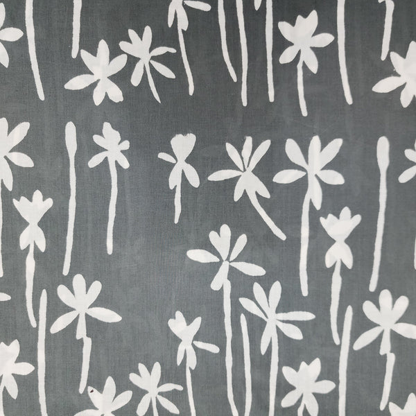 ( Pre-Cut 1.55 Meter ) Pure Cotton Jaipuri Grey With White Flower Jaipuri Hand Block Print Fabric