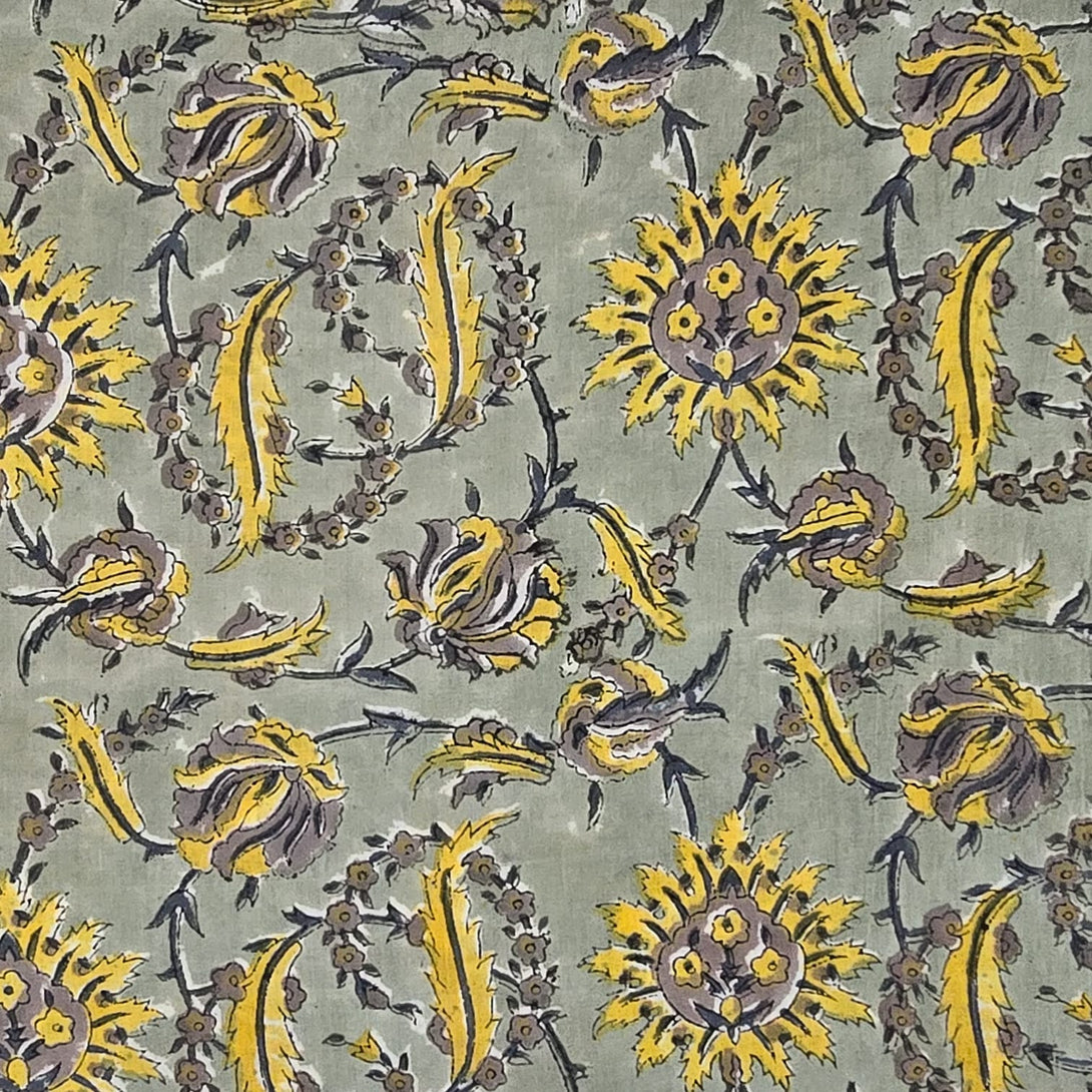 (PRE-CUT 1.50 METER) Pure Cotton Jaipuri Grey With Yellow Floral Jaal ...