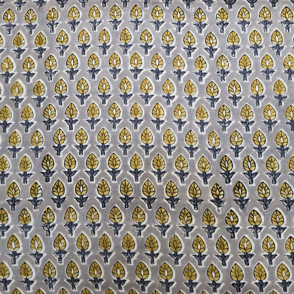 Pure Cotton Jaipuri Grey With Yellow Flower Buds  Motif Hand Block Print Fabric
