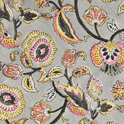 Pure Cotton Jaipuri Grey With Yellow Poppy Flower Jaal Hand Block Print Fabric