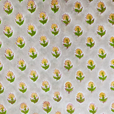 Pure Cotton Jaipuri Grey With Yellow Small Flower Buds Hand Block Print Fabric