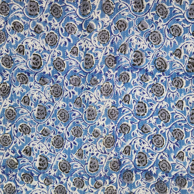 Pure Cotton Jaipuri Kaatha Blue With Grey Flower Jaal Hand Block Print Fabric
