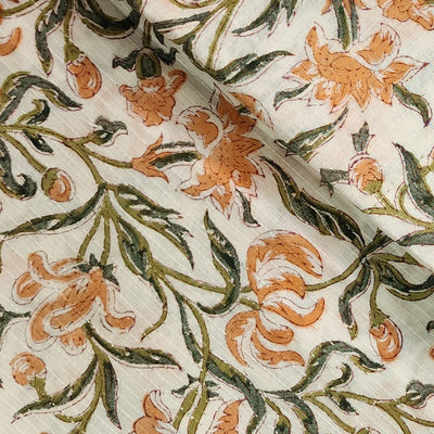 Pure Cotton Jaipuri Kaatha White And Peach With Green Flower Jaal Hand Block Print Fabric