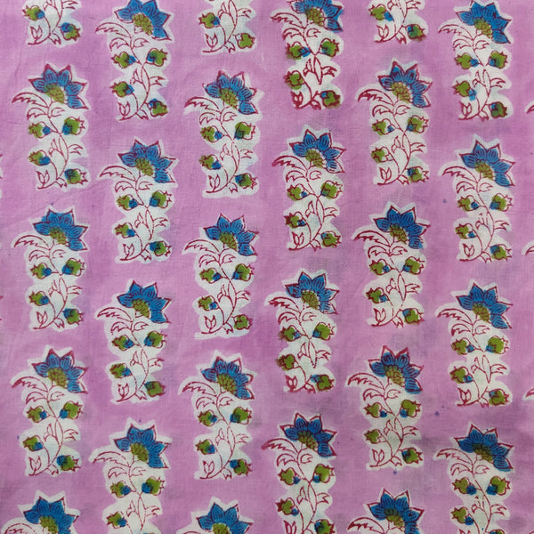 Pre-cut 1.35 meter Pure Cotton Jaipuri Lavender With Blue Flower Hand Block Print Fabric