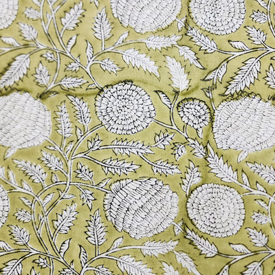 ( Pre-Cut 1 Meter ) Pure Cotton Jaipuri Lemon Yellow Fruit Jaal Hand Block Print Fabric