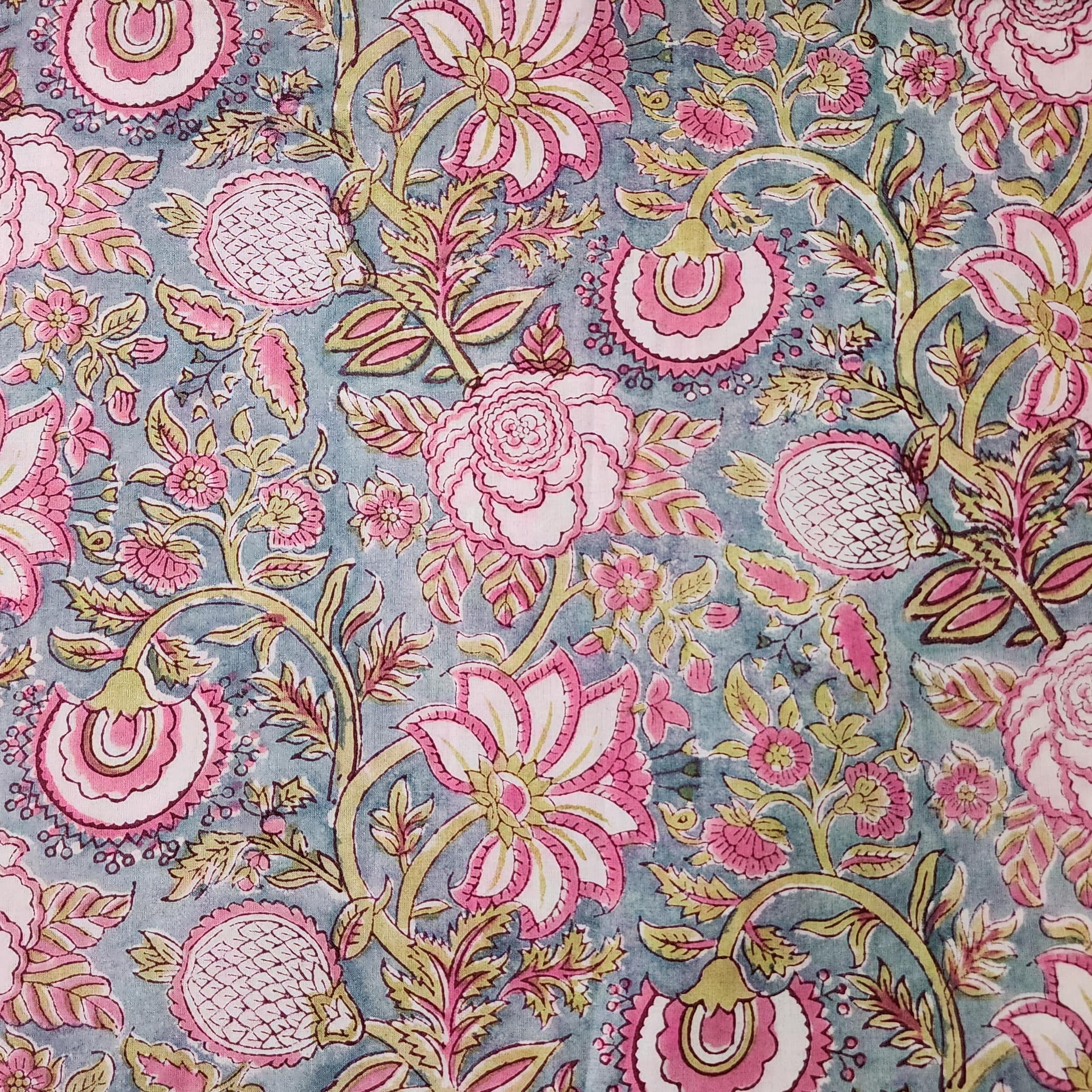 Pure Cotton Jaipuri Light Baby Blue And Baby Pink Flower Jaal Hand Blo ...