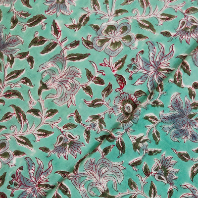 Pure Cotton Jaipuri Light Blue Oleander Flower Jaal Hand Block Print Fabric